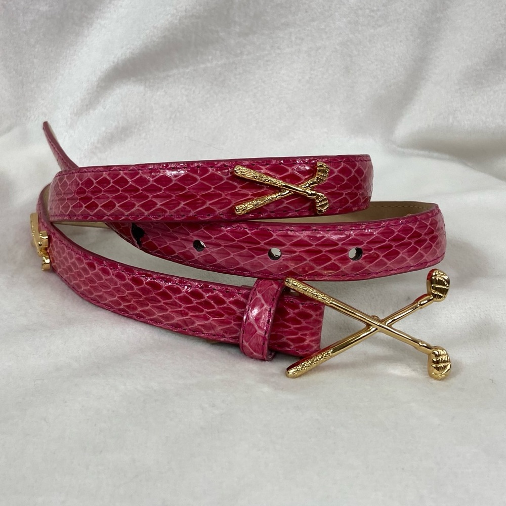Golf golfing woman’s pink snakeskin gold club belt. Size Large